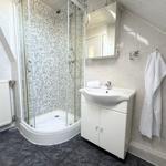 Badezimmer mit Dusche, Waschbecken und Handtuch