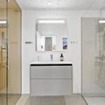 Badezimmer mit Dusche, Waschbecken und Spiegel. Glaswand trennt Dusche vom Rest.
