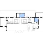 Dieses Grundriss zeigt eine Wohnung mit drei Schlafzimmern, Küche und zwei Bädern.