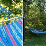 Blauer Hängematten mit Streifen in Garten unter Bäumen