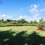Großer Garten mit Liege, Rasen und Sträuchern unter blauem Himmel.