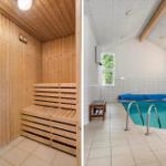 Sauna mit Holzwand und Sitzbank. Pool mit Dach, Treppe und Fenster.