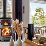 Kaminofen mit brennendem Holz und Blick auf den Garten. Esstisch mit Kaffeetasse und Servierbrett.