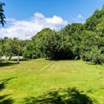 Großer grüner Garten mit Bäumen und Zaun unter blauem Himmel.