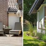 Terrasse mit zwei Liegestühlen und Grill. Garten mit Blumen und Gras.