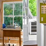 Arbeitszimmer mit Holztisch, Bücherregal und Blick auf grüne Bäume. Durchgang zur Terrasse mit Grillbereich.