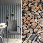 Terrasse mit Stuhl und Tisch. Holzstapel für Kamin oder Grill.