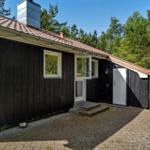Schwarze Holzhütte mit rotem Dach, weißer Tür und Fenster. Umgeben von Wald und gepflastertem Hof.