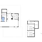 Zwei Schlafzimmer, Küche, Bad und zwei Schuppen sind im Grundriss dargestellt.