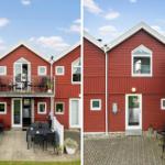 Rotes Ferienhaus mit Balkon und Terrasse. Außenbereich mit Gartenmöbeln und Pflanzen.