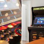 Arcade-Maschine mit Spielmenü und Bedienfeld. Spiele wie Aladdin und Asteroids.