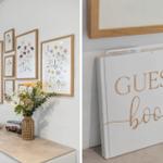Wand mit Blumenbildern und Gästebuch auf Konsole