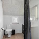 Badezimmer mit Toilette, Fenster, Spiegelschrank und Duschvorhang.