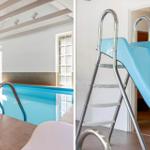 Innenpool mit blauer Rutsche und Metalltreppe. Dachbodenstruktur und Fenster sichtbar.