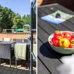 Terrasse mit Tisch und Stühlen, Obstschale und Spielplatz im Hintergrund.