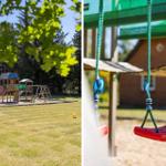 Kinderfreier Spielplatz mit Rutsche und Schaukel im Garten