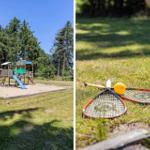 Hinterhof mit Spielplatz und Tennisschläger auf Rasen