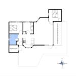 Wohnung mit drei Schlafzimmern, Küche, Bad und überdachter Terrasse.