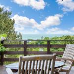 Deck with table and chairs offers ocean view through trees.