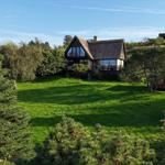 A house with a thatched roof stands on a green lawn surrounded by trees.