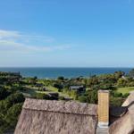 Thatched roof with chimney, view of the sea and green landscape.