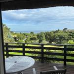 Terrace with table and chairs offers view of green areas and sea.