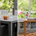 Outdoor area with table and chairs. Inside: wooden table with books and garden view.