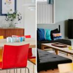 Dining area with wooden table and colorful chairs. Living area with sofa, fireplace, and wooden bench.