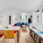 A room with dining and living areas. Wooden floor, white walls and windows. Colored chairs and sofa.