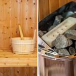 Sauna mit Holzbank, Badekörbchen und Steinofen mit heißen Steinen.