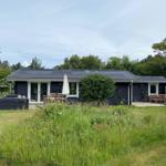 Ein dunkelblaues Ferienhaus mit Garten, Terrasse und Sonnenschirm.