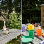 Holztisch im Freien mit Getränken und Büchern. Rechts: bunte Tassen und Schalen.