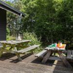 Holzterrasse mit zwei Picknicktischen, umgeben von Bäumen und einem dunklen Holzhaus.
