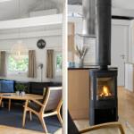 Wohnzimmer mit Sofa und Esstisch. Küche mit Holzmöbeln und Kaminofen.