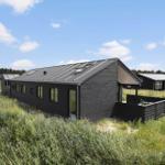 Moderne schwarze Ferienhaus mit Terrasse in Grasland unter blauem Himmel.