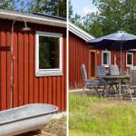Roter Holzhaus mit Außendusche und Badewanne. Terrasse mit Tisch, Stühlen und Sonnenschirm.