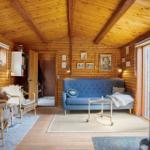 Wohnzimmer mit Holzwand, blauem Sofa, Kamin und Fenstern zum Blick in die Natur.