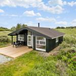 Ein dunkelgrünes Ferienhaus mit Terrasse und Garten. Hintergrund: Grasland und Bäume.
