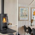 Kaminofen mit Brennholz und Essbereich mit Tisch und Stühlen an Holzwand.