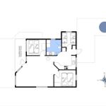 Wohnung mit drei Schlafzimmern, Küche und überdachter Terrasse.