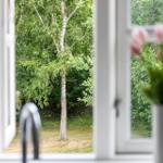 Durch das Fenster ist ein grüner Garten mit einem Baum zu sehen.