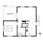 Stueplan mit überdachter Terrasse, Schlafzimmer und Küche