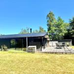 Moderne Hütte mit Terrasse, Garten und Grillplatz unter blauem Himmel.