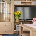 Ein Wohnzimmer mit Fernseher, Blumen und Holzmöbeln.