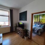 Living room with TV and view into bedroom with bed and wall mural