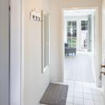 Hallway with mirror and rug, view into living area with windows.