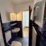 Badezimmer mit Toilette, Waschbecken und Spiegelschrank. Wandfliesen in Dunkelblau.