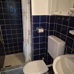 Badezimmer mit Dusche, WC und Waschbecken. Wände mit blauen Fliesen.