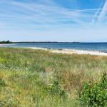 Weitläufiger Strand mit Grasland und blauem Meer unter klarem Himmel.