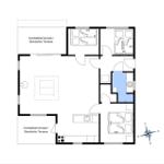 Wohnung mit zwei Schlafzimmern, Küche und überdachter Terrasse.